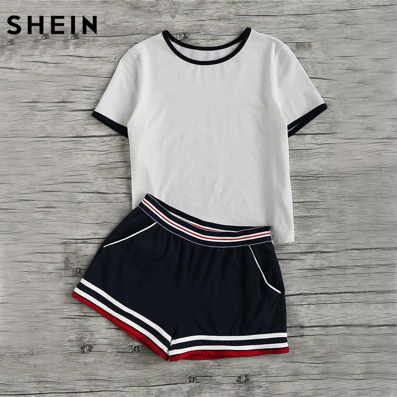 SHEIN Casual Women Two Piece Outfits Summer Short Sleeve Round Neck Ringer Tee and Striped Waist Binding Shorts Set