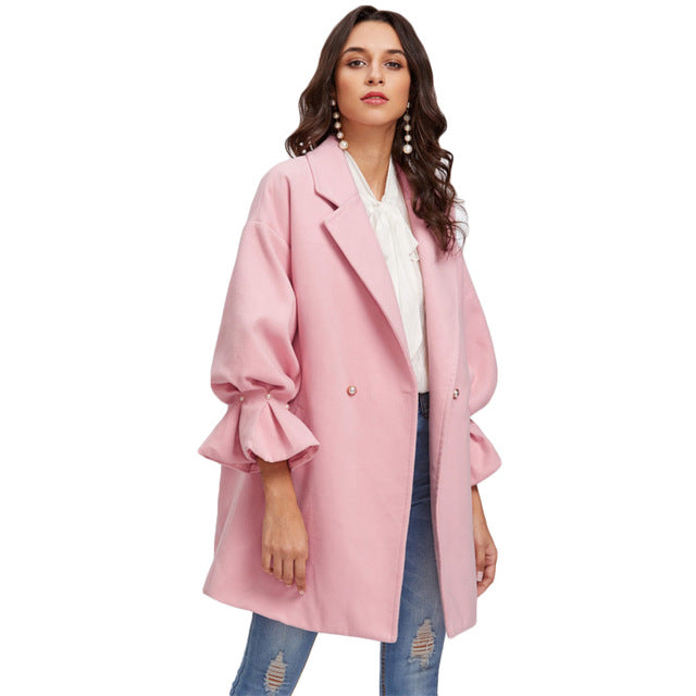 SHEIN Drop Shoulder Pearl Detail Ruffle Cuff Coat Elegant Coats for Women Pink Long Sleeve Ladies Spring Autumn Coats