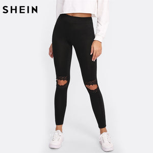 SHEIN Leggings Women Fitness Knee Cut Out Embroidered Mesh Insert Leggings Black Contrast Lace Workout Leggings