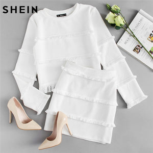 SHEIN 2 Piece Set Women White 2018 Spring Sets Elegant Fringe Detail Textured Long Sleeve Crop Top and Skirt Set