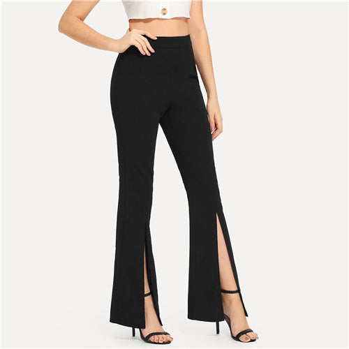 SHEIN Black Split Solid Leggings Workwear Elegant Plain Mid Waist Casual Leggings Women Fitness Spring Autumn Pants