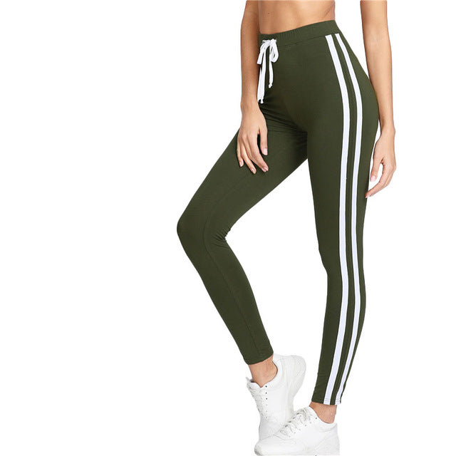 SHEIN Army Green Tape Side Leggings Women High Waist Drawstring Long Pants 2018 Spring Active Workout Leggings