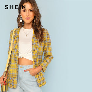 SHEIN Yellow Office Lady Elegant Notch Collar Pocket Front Plaid Longline Highstreet Blazer 2018 Autumn Women Workwear Outerwear