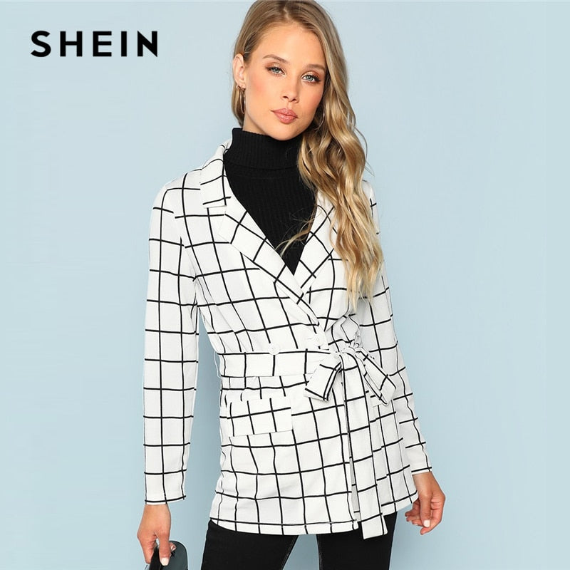 SHEIN Black and White Self Belted Grid Print Notched Coat Elegant Workwear Plaid Long Sleeve Outerwear Women Autumn Clothes