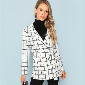 SHEIN Black and White Self Belted Grid Print Notched Coat Elegant Workwear Plaid Long Sleeve Outerwear Women Autumn Clothes