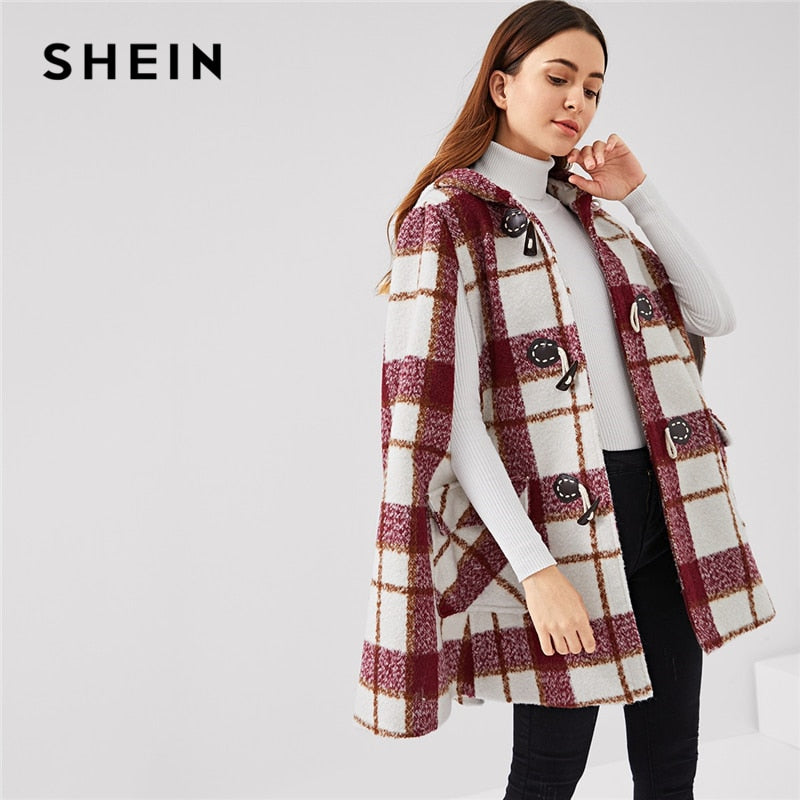 SHEIN Burgundy Workwear Pocket Front Horn Button Plaid Duffle Elegant Coat 2018 Autumn Fashion Streetwear Women Coats Outerwear