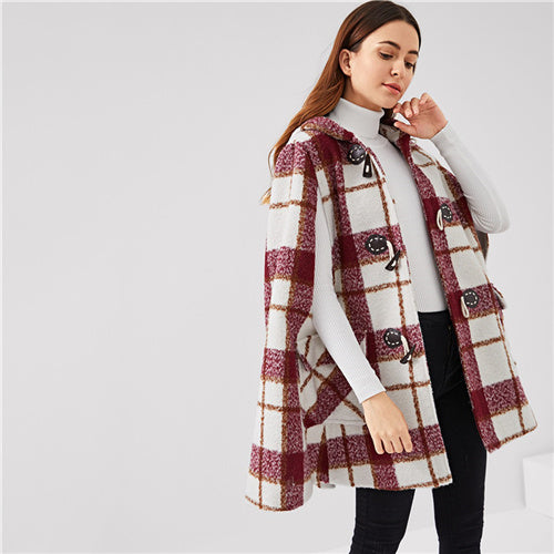 SHEIN Burgundy Workwear Pocket Front Horn Button Plaid Duffle Elegant Coat 2018 Autumn Fashion Streetwear Women Coats Outerwear