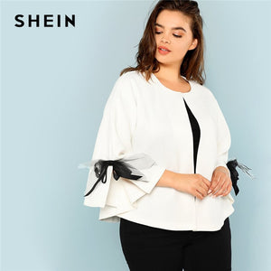 SHEIN White Workwear Plus Size Bow Detail Split Sleeve Open Placket Women Blazer 2018 Autumn Elegant Office Lady Coat Outerwear